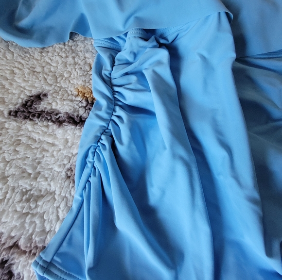 Pinkblush ruffle trim, ruched, one-piece maternity swimsuit, XL. Light blue. - Picture 3 of 7